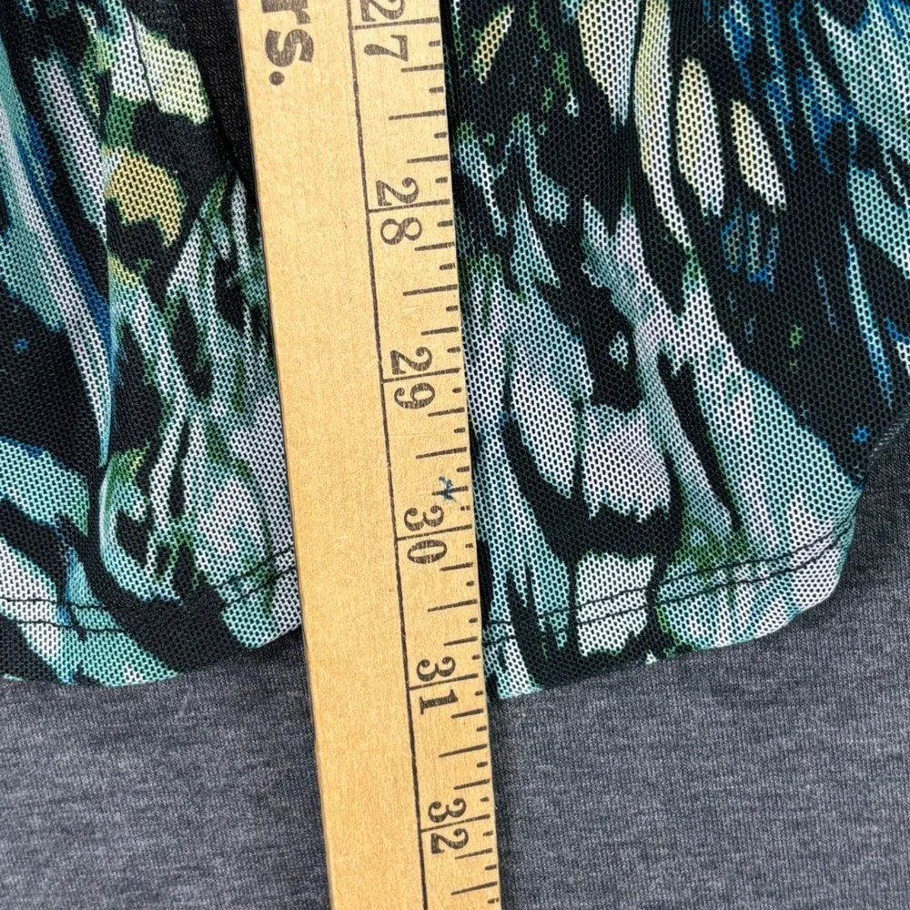 Chicos Cardigan Womens S Open Front Long Sleeve Teal Black Abstract Print Sheer